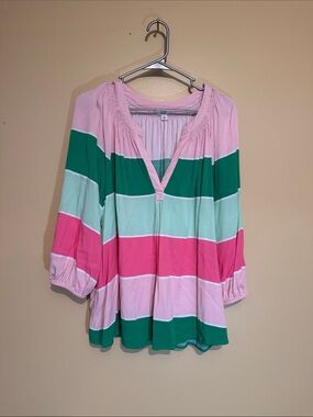 crown & ivy Pink, Green and Mint Striped Peasant Top